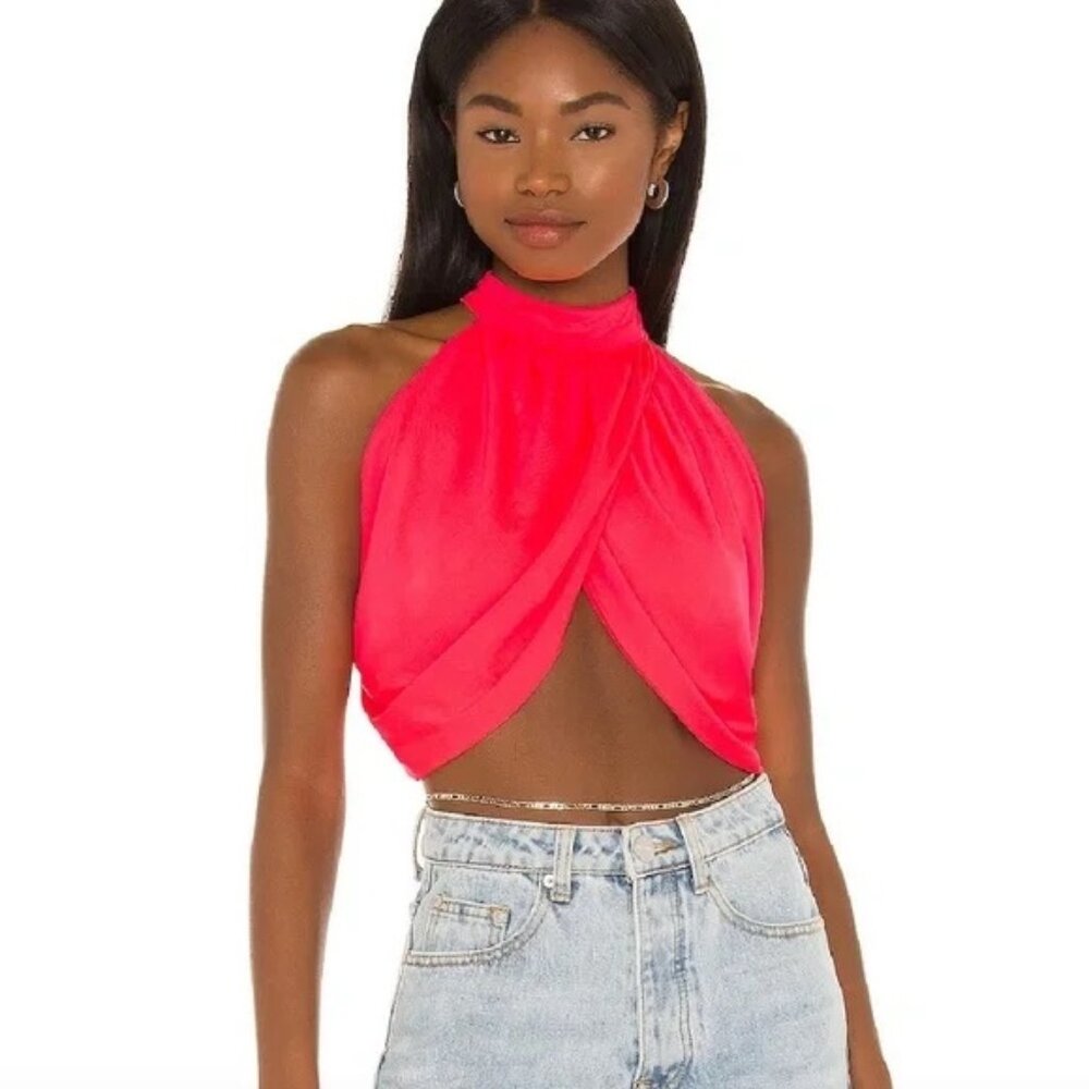 superdown Hot Pink Sleeveless Twist Halter Crop Top
